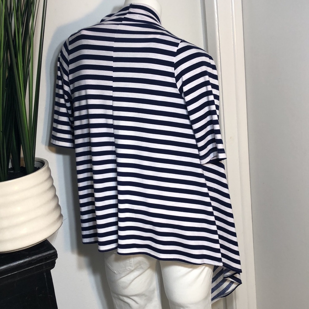 Miuse Navy Stripe Cascading Open Front Stretchy Knit Cardigan Jacket - Picture 6 of 8